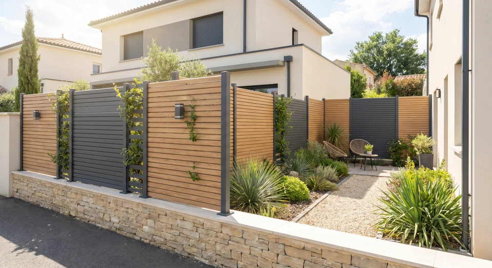 Photographie d'une terrasse ou d'un jardin résidentiel avec des panneaux pare-vue ou parcloses en bois ou matériaux composites installés le long d'une limite de propriété, créant une barrière visuelle élégante. Les panneaux sont décorés de lames profilées modernes dans une finition bois naturel ou peint, intégrés harmonieusement à l'aménagement paysager. Le jardin arrière est visible, bien protégé des regards extérieurs grâce à ces solutions décoratives. Éclairage naturel en jour clair montrant la qualité esthétique et fonctionnelle de l'installation.