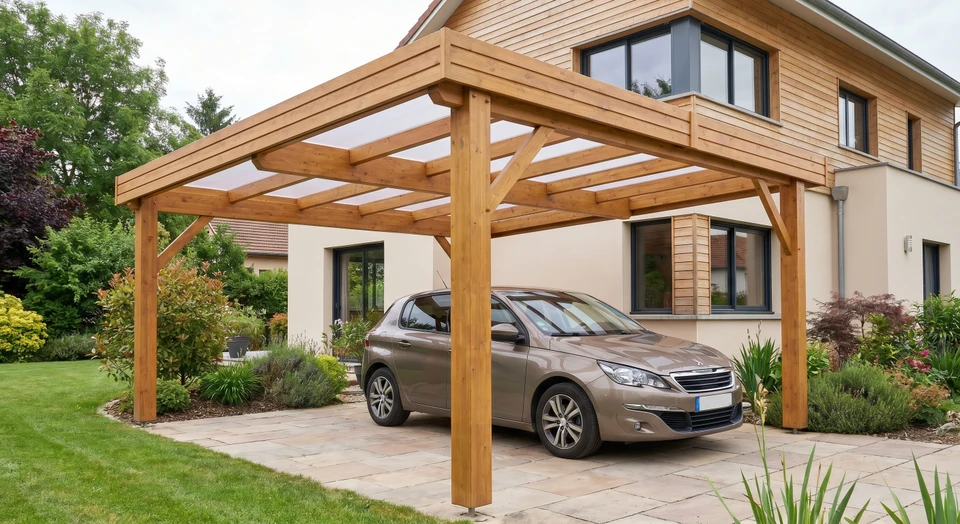 Vue extérieure d'un carport en bois massif de style moderne installé devant une résidence, montrant la structure de la charpente, la toiture plate ou polycarbonate, et l'espace couvert où un ou deux véhicules sont stationnés. L'environnement est résidentiel avec espace paysager verdoyant. La photo illustre clairement la qualité de fabrication, l'intégration architecturale et le professionnalisme de l'installation.