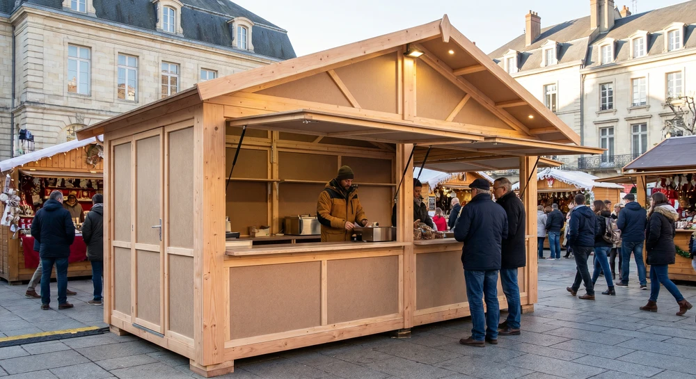 stand de marché moderne en pergola métallique avec lattes sur les côtés des murs
