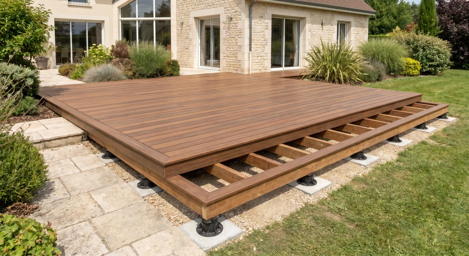 Photographie d'une terrasse bois profesionnelle récemment installée dans un jardin résidentiel, montrant clairement la structure en bois composite ou bois traité, avec une construction démontrant une technique d'installation (terrasse au sol ou légèrement surélevée visible), le bois étant le matériau dominant et visible. La terrasse doit être vide de personnes, bien entretenue et clairement visible du point de vue frontal ou légèrement angulé pour montrer sa qualité et son intégration au terrain. Contexte: jardin privé avec l'habitation visible en arrière-plan.