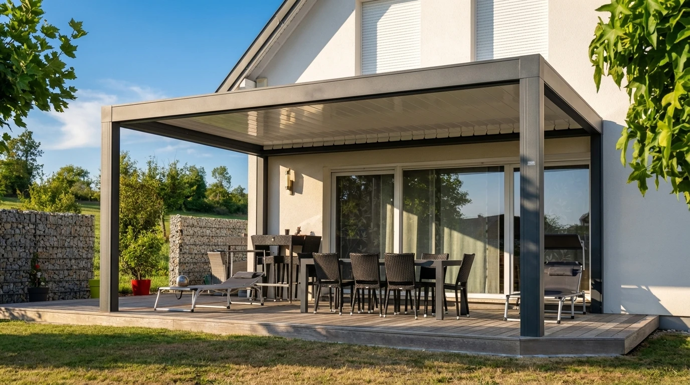 Terrasse couverte moderne attenante à une maison contemporaine