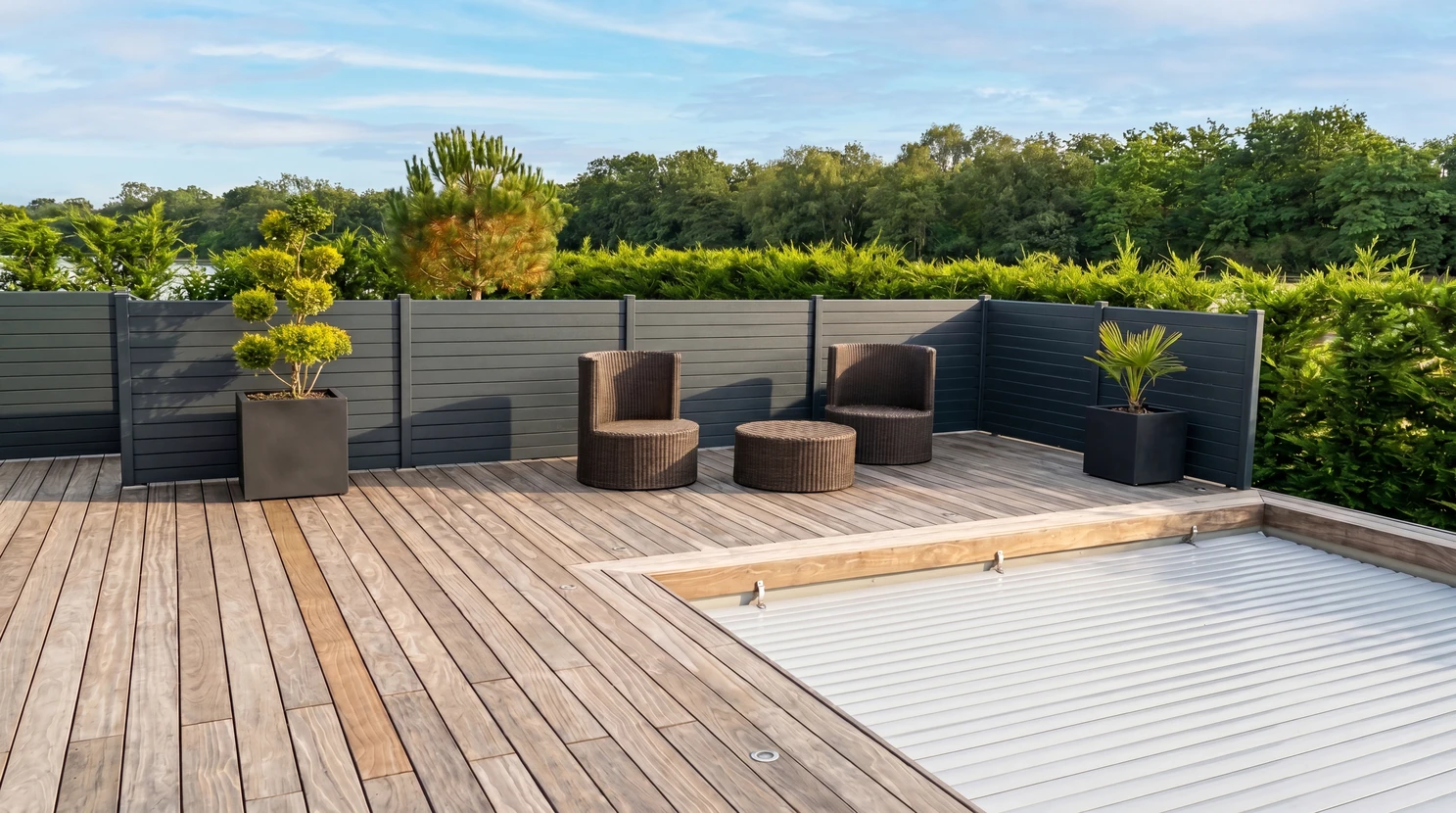 Terrasse extérieure moderne avec mobilier en teck, deck en bois composite, plantes ornementales en pots