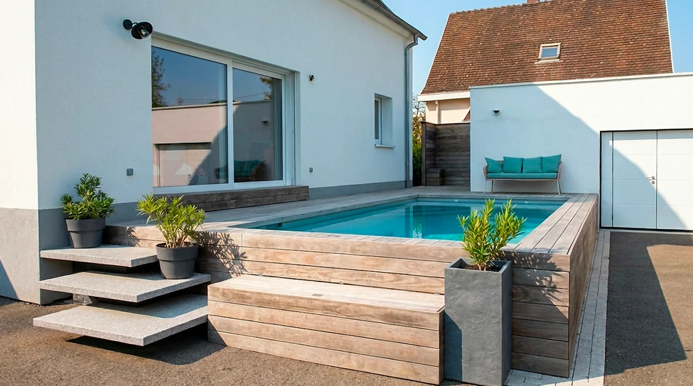 Piscine rectangulaire semi-enterrée à débordement, margelles en pierre calcaire beige
