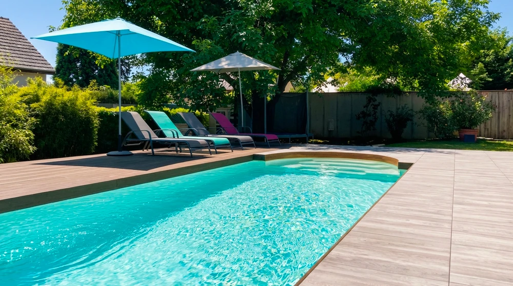 Piscine rectangulaire semi-enterrée à débordement, margelles en pierre calcaire beige