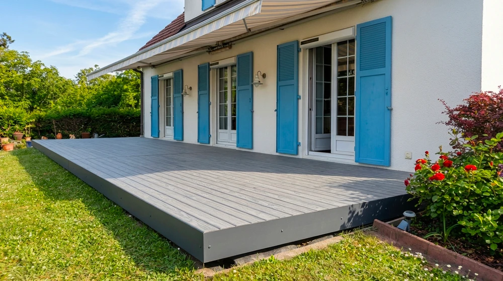 Piscine rectangulaire semi-enterrée à débordement, margelles en pierre calcaire beige