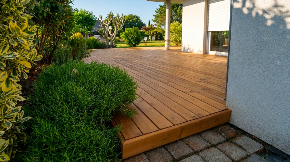 Piscine semi-enterrée rectangulaire à débordement, habillage en bois composite grisé, terrasse surélevée avec platelage bois