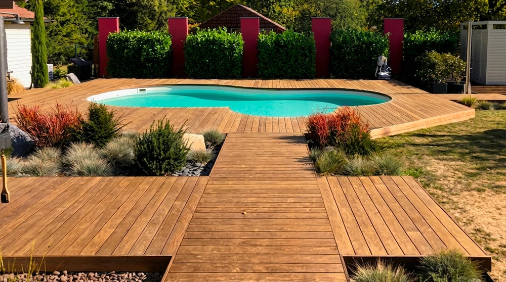 Piscine rectangulaire semi-enterrée à débordement, margelles en pierre calcaire beige