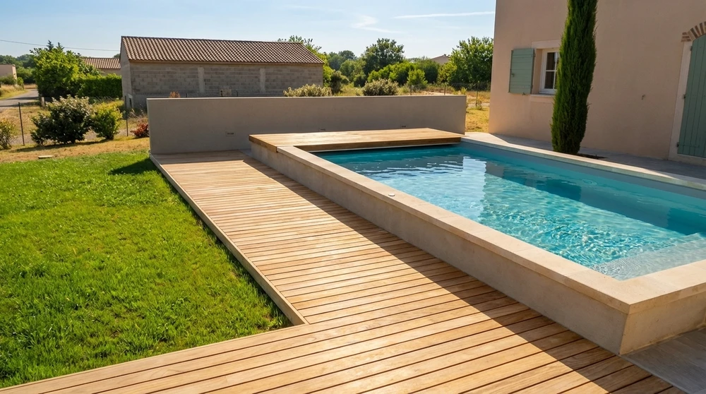 Piscine rectangulaire semi-enterrée à débordement, margelles en pierre calcaire beige