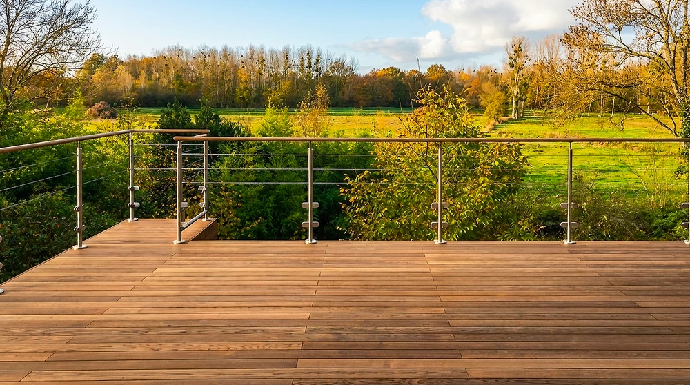 Piscine ronde enterrée sur terrasse extérieure surélevée, vue panoramique sur montagnes enneigées