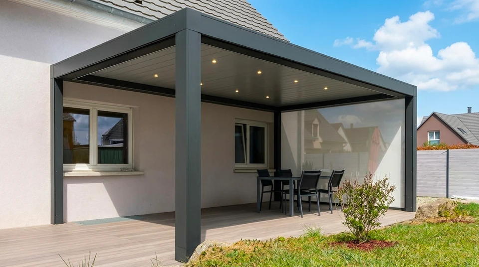 Terrasse extérieure avec mobilier de jardin en résine tressée naturelle : deux fauteuils daybed ovales et une table basse cylindrique
