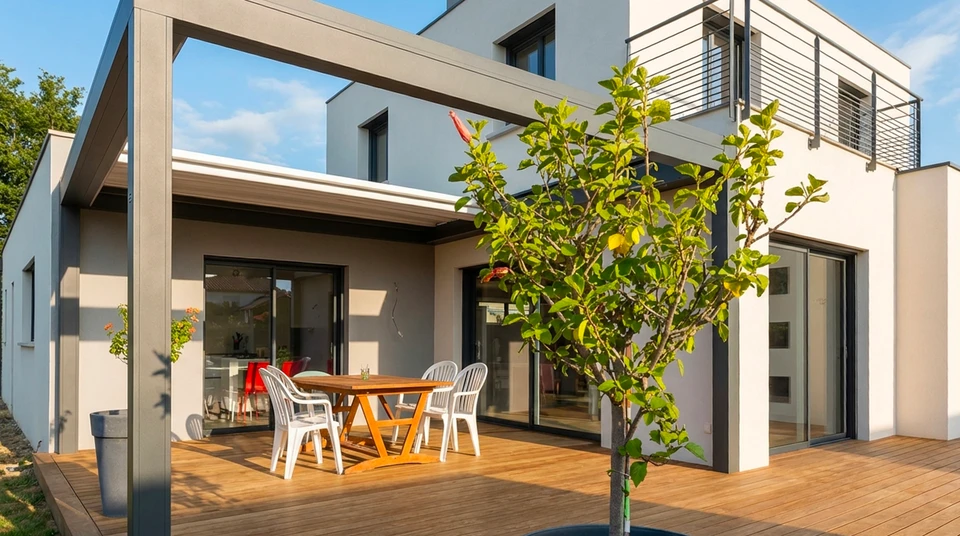 Terrasse extérieure avec mobilier de jardin en résine tressée naturelle : deux fauteuils daybed ovales et une table basse cylindrique