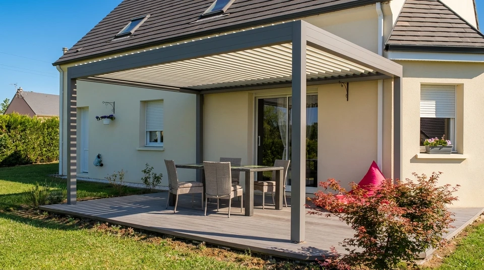 Terrasse extérieure avec mobilier de jardin en résine tressée naturelle : deux fauteuils daybed ovales et une table basse cylindrique