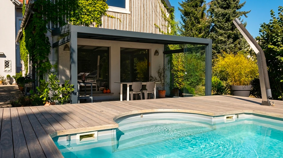 Terrasse extérieure avec mobilier de jardin en résine tressée naturelle : deux fauteuils daybed ovales et une table basse cylindrique