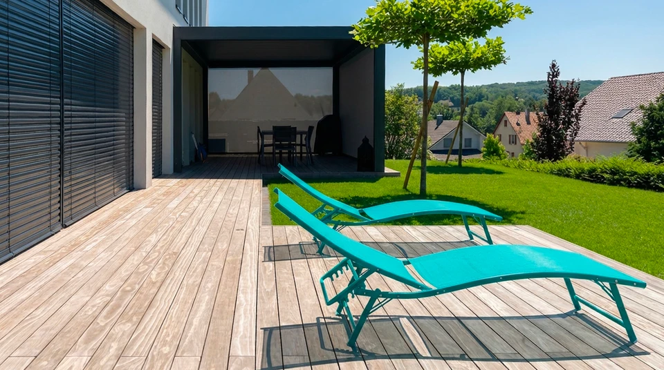 Terrasse extérieure avec mobilier de jardin en résine tressée naturelle : deux fauteuils daybed ovales et une table basse cylindrique