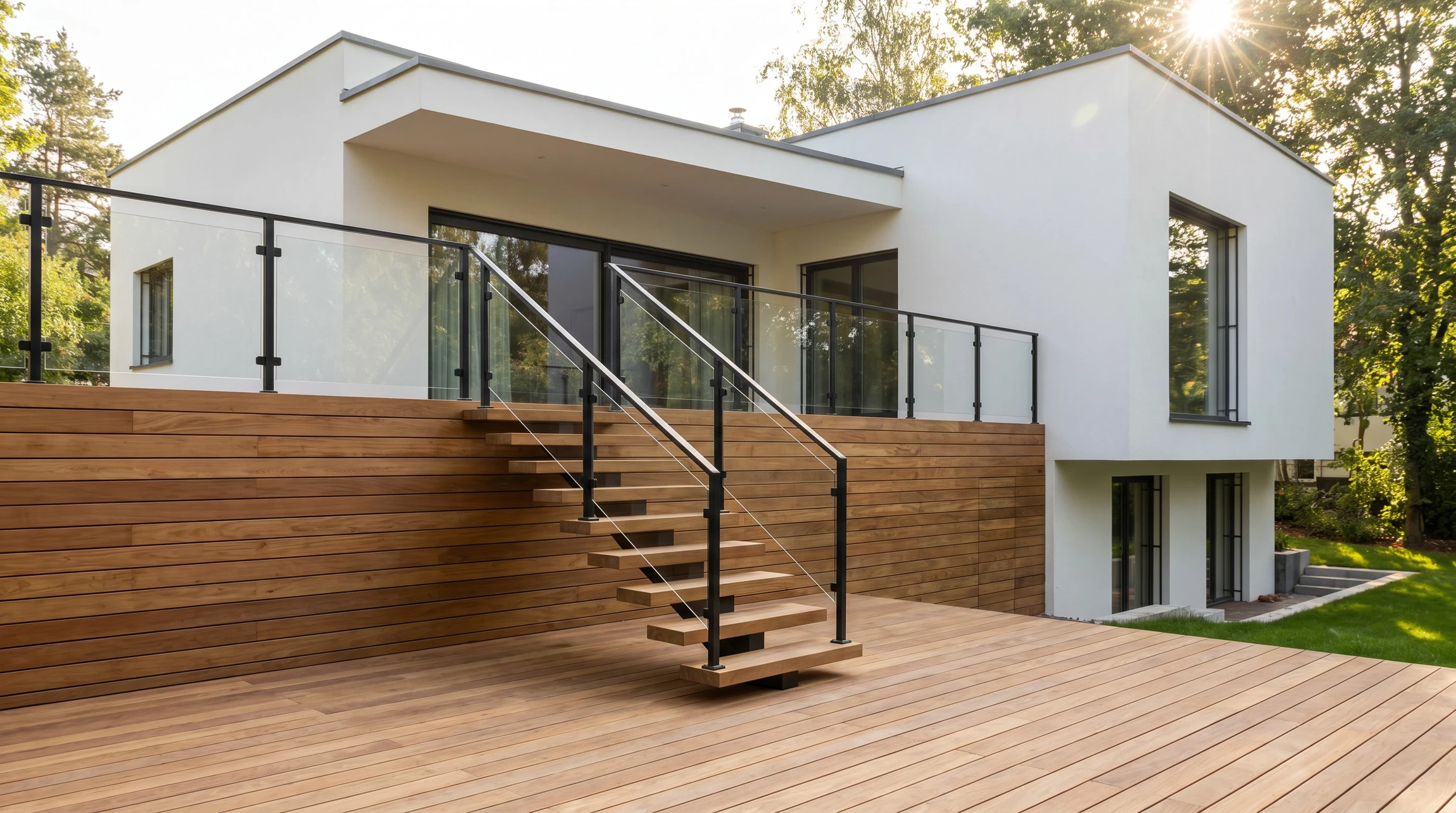 Artisan installateur positionne des marches d'escalier en bois massif dans un intérieur moderne aux murs blancs